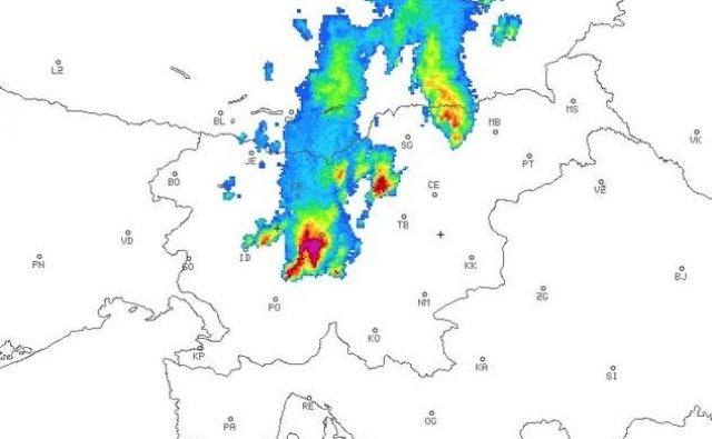 Radarska slika padavin. FOTO: Arso