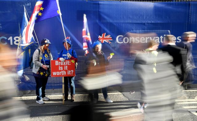 Nasprotniki britanskega izstopa iz EU protestirajo pred prizoriščem kongresa konservativne stranke v Birminghamu. FOTO: REUTERS/Toby Melville 