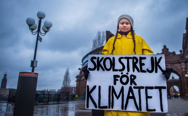 15-letna Greta Thunberg z napisom »Šolska stavka za podnebje« pred švedskim parlamentom. FOTO: Tt News Agency/Reuters