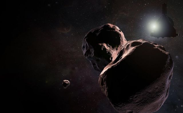 Umetniška upodobitev sonde New Horizons pri Ultimi Thule, za katero pa ne vedo natančno, kako je videti. Po novem letu pa se že lahko nadejamo posnetkov od blizu in razkritih skrivnosti. FOTO: Nasa