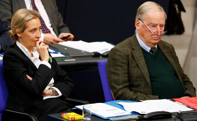 Alice Weidel in Alexander Gauland pričakujeta ugoden izid za AfD na majskih volitvah za evropski parlament. Foto Reuters