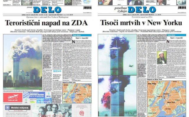 Naslovnici redne in posebne izdaje Dela po terorističnem napadu na ZDA 11. septembra 2001. FOTO: Dokumentacija Dela