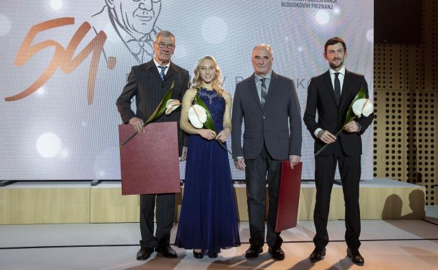 Adolf Urnaut (levo), Janja Garnbret, Drago Bunčič in Jakov Fak so letošnji prejemniki največjega športnega priznanja v Sloveniji. FOTO: Tomi Lombar/Delo