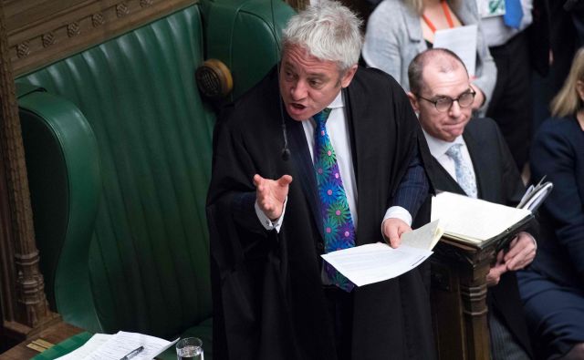 Predsednik spodnjega doma britanskega parlamenta John Bercow je presodil, da poslanci ne morejo še v tretje glasovati o ločitvenem sporazum z EU, brez da se vsebina tega ne spremeni. FOTO: Jessica Taylor/Afp