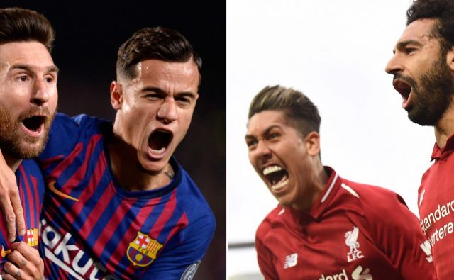 Kdo bo uspešnejši: Lionel Messi in Philippe Coutinho (levo) ali Roberto Firmino in Mohamed Salah (desno)? FOTO: AFP