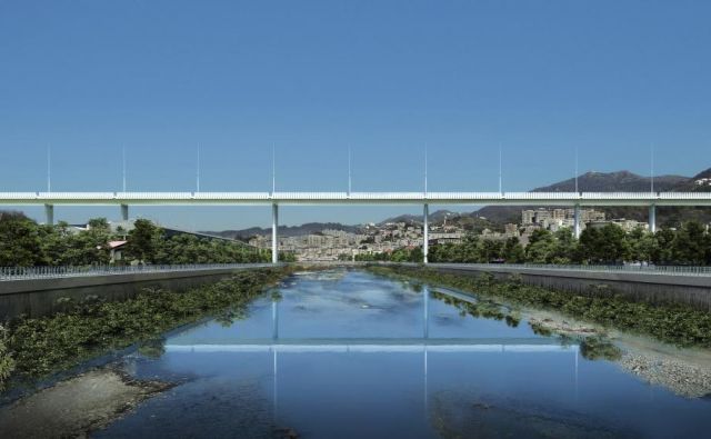 Most čez reko Polcevera arhitekta Renza Piana naj bi odprli aprila prihodnje leto. Podnevi bo zrcalil in absorbiral sončno svetlobo, ponoči jo bo vračal okolici. FOTO: Per Genova