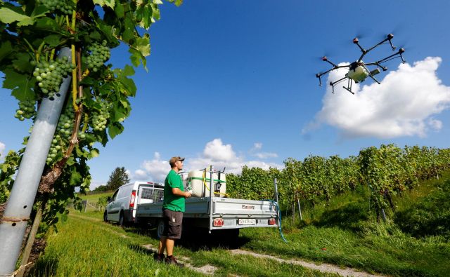 Slovensko kmetijstvo je pri digitalizaciji le nekoliko naprej od začetka. Drugače je v Švici, kjer kmetje za škropljenje vinogradov uporabljajo drone. FOTO Reuters