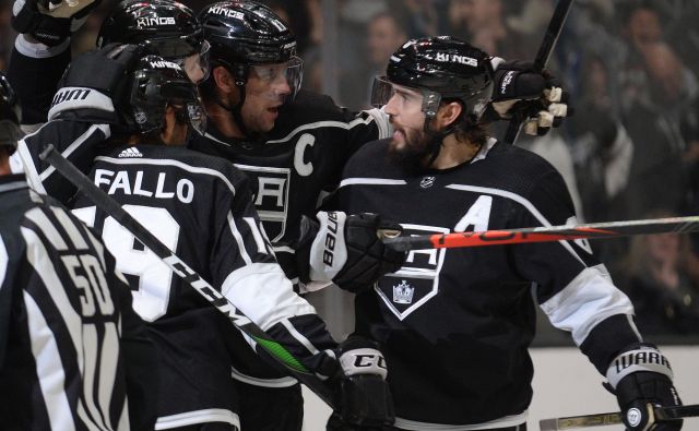 Takole so se veselili gola Drew Doughty (8), Anže Kopitar (11) in Adrian Kempe (9). FOTO: USA TODAY Sports