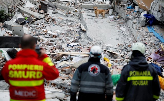 Morebitne preživele pod ruševinami iščejo z reševalnimi psi. FOTO: Florion Goga/Reuters