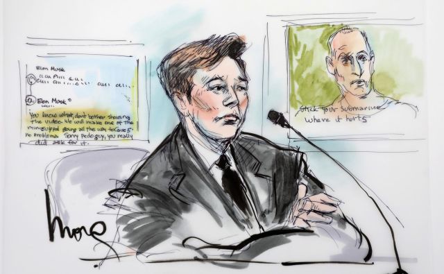 Risba Elona Muska na sodišču v Los Angelesu. Sodniku je včeraj povedal, da ga je do neprimernega tvita pripravila jamarjeva izjava za <em>CNN</em>. »Zato sem mu vrnil žalitev,« je izjavil. FOTO: Mona Shafer Edwards/Reuters