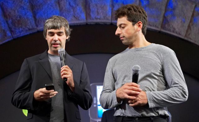 Larry Page in Sergey Brin na predstavitvi nove Googlove programske opreme za pametne telefone Android v New Yorku leta 2008. FOTO: Jacob Silberberg/Reuters