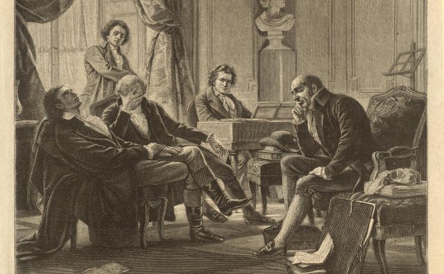 »Intimna družba pri Beethovnu«: Anton Schindler, Georg Joseph Vogler in Gottfried van Swieten, bakrorez po sliki Alberta Gräfleja, okoli leta 1892 Foto Avstrijska narodna knjižnica