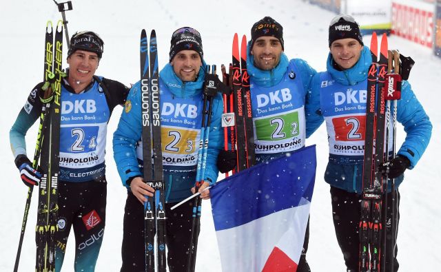 Francija je dobila moško štafetno preizkušnjo svetovnega pokala v biatlonu v nemškem Ruhpoldingu. FOTO: Christof Stache/Afp