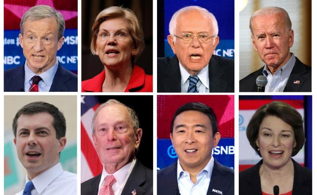 Osem demokratskih kandidatov za predsedniško nominacijo: Tom Steyer, Elizabeth Warren, Bernie Sanders, Joe Biden, Pete Buttigieg, Michael Bloomberg, Andrew Yang in Amy Klobuchar.  Photo: Reuters