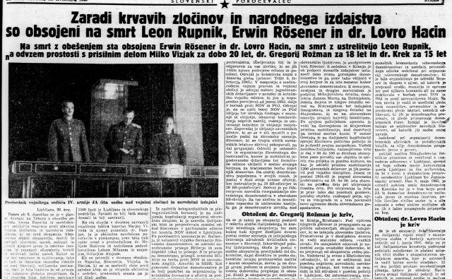 Slovenski poročevalec avgusta 1946 ob razglasitvi sodbe Dokumentacija Dela