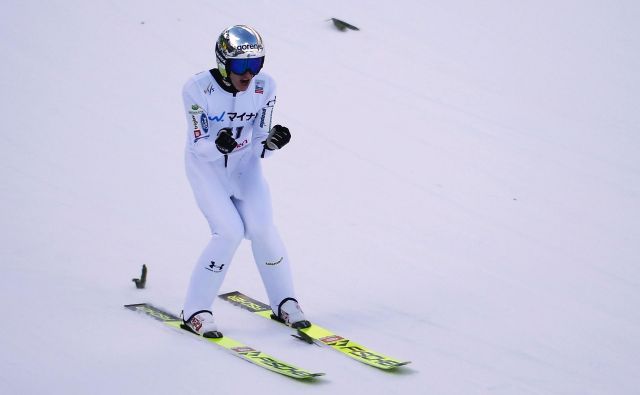 Peter Prevc ni skrival zadovoljstva po podvigu v Lillehammerju. FOTO: AFP