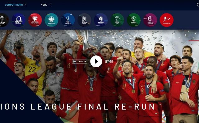 Spletna platforma odprte Uefine televizije. FOTO: Zajem zaslona Uefa.tv