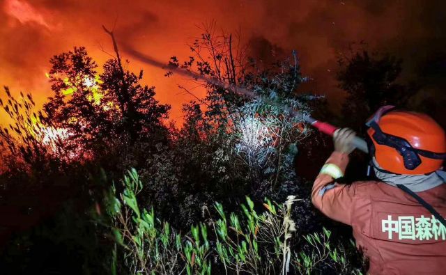 Okrog 1200 kitajskih gasilcev in reševalcev se spopada z gozdnim požarom v pokrajini Sečuan, v katerem je umrlo 19 ljudi. FOTO: Str/Afp