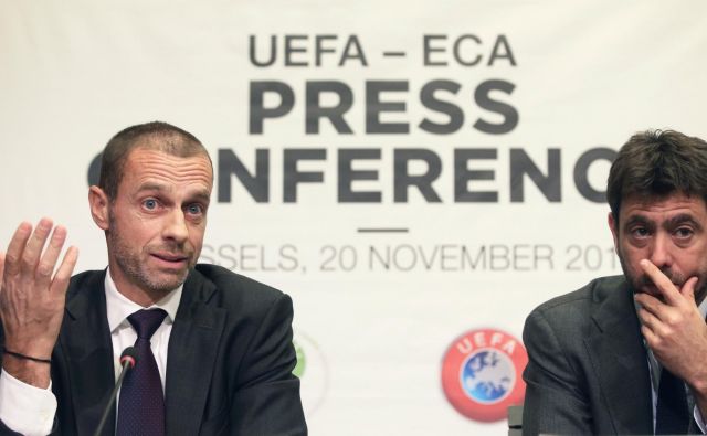 Združenje klubov (ECA) vodi Juventusov predsednik Andrea Agnelli (desno), ki dobro sodeluje tudi s predsednikom Uefe Aleksandrom Čeferinom. FOTO: Francois Walschaerts/Reuters