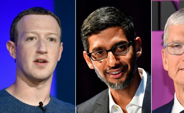 Mark Zuckerberg, Sundar Pichai, Tim Cook in Jeff Bezos. FOTO: Mark Ralston/AFP