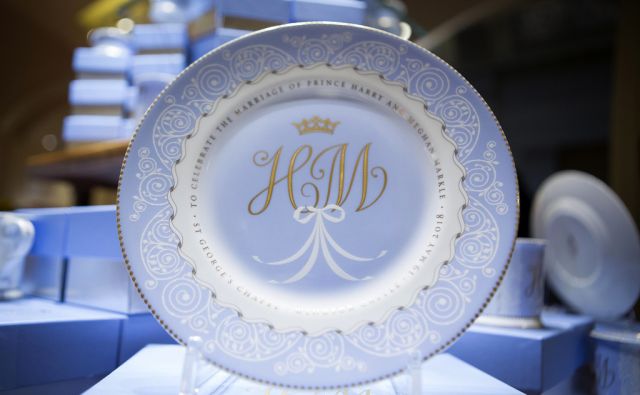 A plate with the initials H and M which forms part of the new official range of china celebrating the future marriage of Prince Harry and Meghan Markle is displayed in The Queen's Gallery shop at Buckingham Palace, London.  PRESS ASSOCIATION Photo.