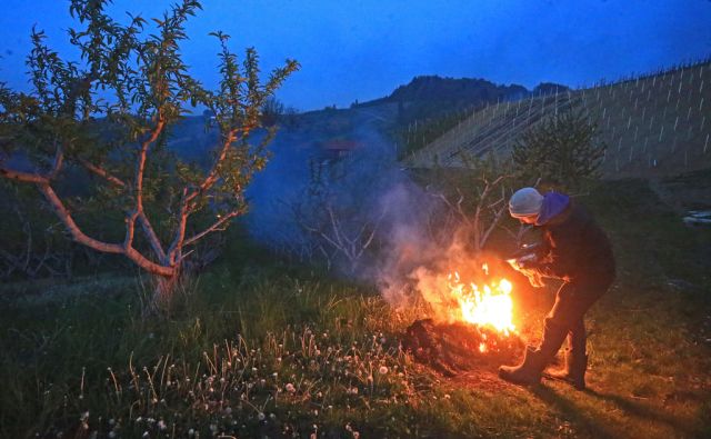 Na kmetiji Jamnik so z dimom poskušali zaščititi svoje sadovnjake pred pozebo, 21.4.2017, Svečina [pozeba, kmetijstvo]